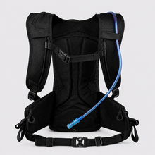 Load image into Gallery viewer, Black APEX X24-h 24 liter hydration backpack with padded shoulder straps, mesh back panels, and a blue drinking tube, shown on a light gray background.