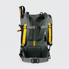 Load image into Gallery viewer, The back view of the APEX X34 technical hiking backpack in dark gray and black mesh with bright yellow accent straps, shown against a light gray background.