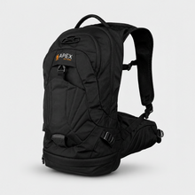 Load image into Gallery viewer, A black APEX 24 liter hydration backpack shown from a three-quarter front view against a light gray background.