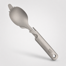 Load image into Gallery viewer, A titanium 4 piece camping cutlery, featuring a matte silver finish and the APEX brand logo, set against a clean light gray background.