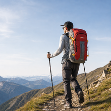 Load image into Gallery viewer, Hiker with a red X34 APEX backpack on a mountain trail with mountains in the background