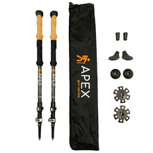 Load image into Gallery viewer, Black carbon fiber trekking pole with cork grip, complete with baskets and carrying bag
