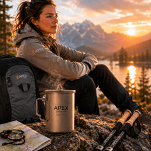 Load image into Gallery viewer, A woman sits outdoors by a lake at sunset wearing an APEX jacket, with an APEX insulated mug in the foreground, hiking poles, a backpack, and a map on a rock. Mountains and trees are visible in the background.