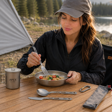Load image into Gallery viewer, A woman outdoors at a campsite sits at a wooden table eating from a metal bowl with her APEX titanium fork, knife and spoon set. She wears a dark jacket and a gray cap.