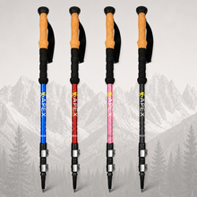 Load image into Gallery viewer, APEX pro series aluminum trekking and hiking poles. The poles have natural cork handles, adjustable black wrist straps and metal quick lock mechanism. Colored shafts in blue, red, pink, and black.