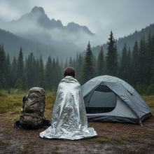 Load image into Gallery viewer, Rear view of person wrapped in a silver mylar blanket on a white background, APEX survival blanket, emergency