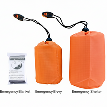 Load image into Gallery viewer, Two orange inflatable bags with black straps and a small white packet on a white background