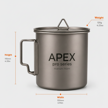 Load image into Gallery viewer, APEX Titanium camping 750ml mug with lid, shown with detailed measurement callouts for height, width, and weight on a light gray background.