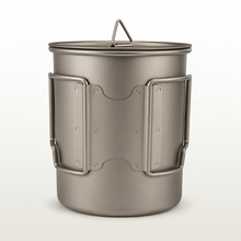 Load image into Gallery viewer, APEX titanium camping pot 750ml with a lid and integrated folding handle, shown on a white background.