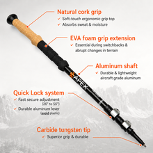 Load image into Gallery viewer, APEX Black Product Features — Full-length black aluminum trekking pole infographic highlighting the natural cork grip, EVA foam extension, aluminum shaft, QuickLock adjustment system and tungsten carbide tip.