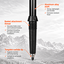 Load image into Gallery viewer, APEX Black Lower Shaft — Close-up infographic of the black aluminum trekking pole showing the lower telescoping shaft, removable trekking basket attachment point and durable tungsten carbide tip.
