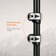 Load image into Gallery viewer, APEX Black QuickLock — Close-up infographic of the black aluminum trekking pole featuring the adjustable external QuickLock mechanism for secure telescoping shaft adjustment.