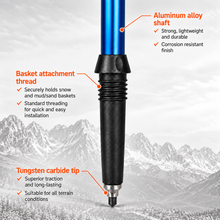 Load image into Gallery viewer, APEX Blue Lower Shaft — Close-up infographic of the blue aluminum trekking pole showing the lower telescoping shaft, removable trekking basket attachment point and durable tungsten carbide tip.
