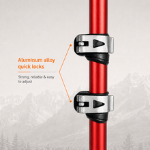 Load image into Gallery viewer, APEX Red QuickLock — Close-up infographic of the red aluminum trekking pole featuring the adjustable external QuickLock mechanism for secure telescoping shaft adjustment.