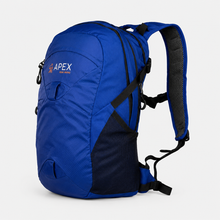 Load image into Gallery viewer, APEX pro series X24-h hydration backpack in Glacier Blue rear angle view highlighting ventilated back panel and hiking harness system