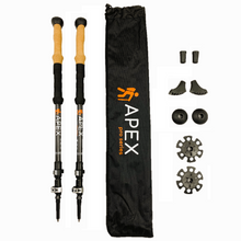 Load image into Gallery viewer, black APEX carbon fiber hiking poles, with accessories and carrying bag.