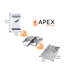 Load image into Gallery viewer, APEX pro series survival blanket, with size measurements, life saving, backcountry essential, emergency