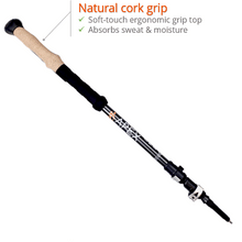 Load image into Gallery viewer, carbon fiber hiking poles, cork handles, metal quick lock, tungsten tips, key design features.