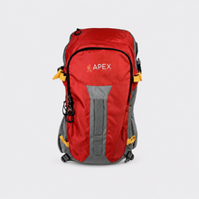 Load image into Gallery viewer, A red and gray Apex hiking backpack with yellow accents, shown against a light gray background.
