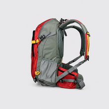 Load image into Gallery viewer, A red and gray hiking backpack shown from a three-quarters rear view on a light gray background.
