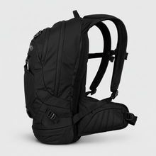 Load image into Gallery viewer, A black technical backpack shown from a three-quarters angle against a light APEX X24-h black hydration pack side view.
