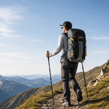 Load image into Gallery viewer, Hiker with a backpack and poles walking on a mountain trail with mountains in the background
