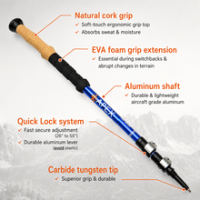 Load image into Gallery viewer, A blue APEX pro series hiking pole with a natural cork grip and black EVA foam extension, shown on a light gray background with feature callouts and text labels.
