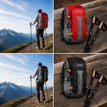 Load image into Gallery viewer, person hiking with APEX X34 backpack and carbon trekking poles on a mountain trail.
