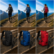 Load image into Gallery viewer, APEX product bundle showing color options of 24 liter X24 hydration pack and carbon fiber trekking poles
