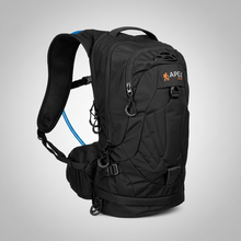 Load image into Gallery viewer, A black Apex hiking backpack with a blue hydration tube and an orange logo on the front pocket, shown against a light gray background.
