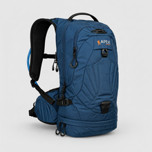 Load image into Gallery viewer, A blue Apex Hiking backpack shown from a three-quarters angle on a light gray background. The backpack is made of blue nylon with black mesh and structural elements, featuring the Apex Hiking logo on the upper right side.
