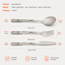 Load image into Gallery viewer, Three stainless steel cutlery pieces labeled APEX are shown on a light gray background with dimensions and text listing material, weight, and thickness. The set includes a spoon, fork, and knife, with measurement callouts and feature icons below.

