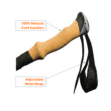 Load image into Gallery viewer, Ergonomic 100% cork handle with adjustable moisture-wicking wrist strap on APEX Carbon Fiber trekking poles.
