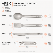 Load image into Gallery viewer, Specification and measurement chart for the APEX Titanium Cutlery Set, showing the spoon, fork, knife, and bottle opener with dimensions, weights, and material details on a light gray background.
