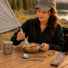 Load image into Gallery viewer, A woman outdoors at a campsite sits at a wooden table eating with her APEX titanium 3-piece cutlery set. On the table are matching metal utensils, a titanium APEX mug labeled, and a gray pouch.
