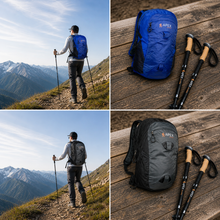 Load image into Gallery viewer, person hiking with APEX  backpacks and hiking poles on a wooden surface
