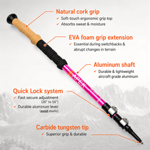 Load image into Gallery viewer, APEX Pink Product Features — Full-length pink aluminum trekking pole infographic highlighting the natural cork grip, EVA foam extension, aluminum shaft, QuickLock adjustment system and tungsten carbide tip.
