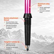 Load image into Gallery viewer, APEX Pink Lower Shaft — Close-up infographic of the pink aluminum trekking pole showing the lower telescoping shaft, removable trekking basket attachment point and durable tungsten carbide tip.

