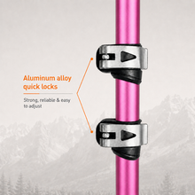 Load image into Gallery viewer, APEX Pink QuickLock — Close-up infographic of the pink aluminum trekking pole featuring the adjustable external QuickLock mechanism for secure telescoping shaft adjustment.
