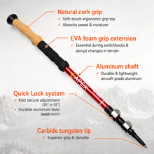 Load image into Gallery viewer, APEX Red Product Features — Full-length red aluminum trekking pole infographic highlighting the natural cork grip, EVA foam extension, aluminum shaft, QuickLock adjustment system and tungsten carbide tip.

