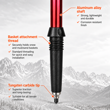Load image into Gallery viewer, APEX Red Lower Shaft — Close-up infographic of the red aluminum trekking pole showing the lower telescoping shaft, removable trekking basket attachment point and durable tungsten carbide tip.
