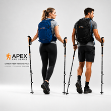 Load image into Gallery viewer, Two models with hiking backpacks and poles on a white background, featuring Apex pro series branding.
