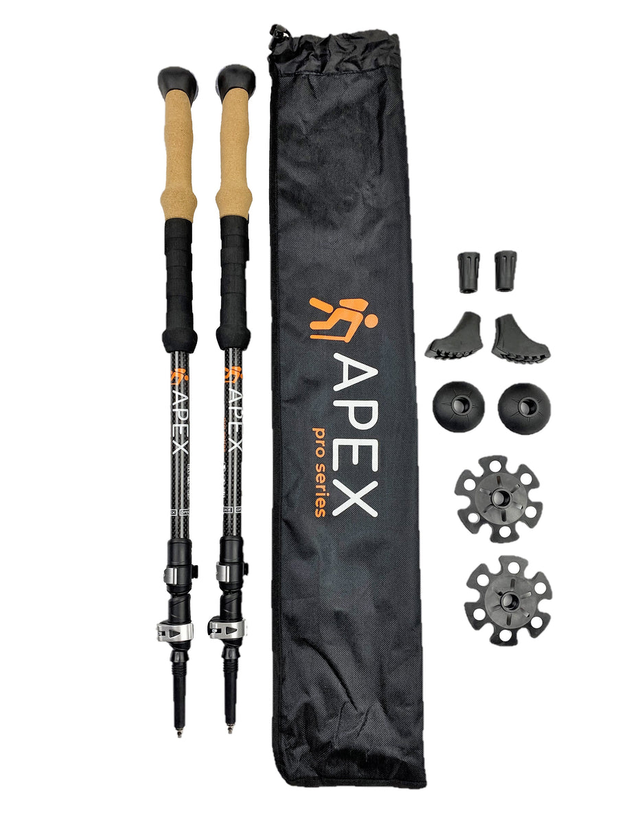 black APEX carbon fiber hiking poles, with accessories and carrying bag.